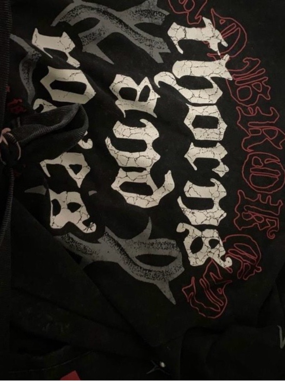 Black Graphic Men’s Hoodie Sweater with Distressed White and Red Print